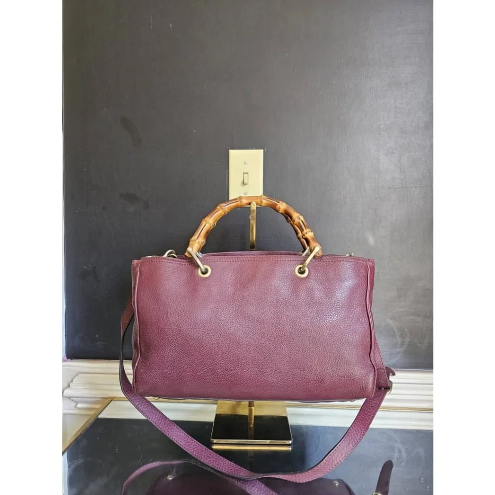 Authentic Gucci Bamboo Shopper Leather Satchel Bag Burgundy